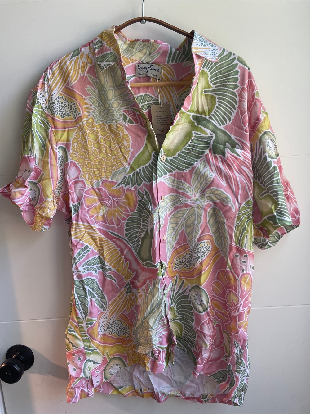 Kenny Flowers Pink Green Yellow Tropical Print Button-Down Shirt NWT